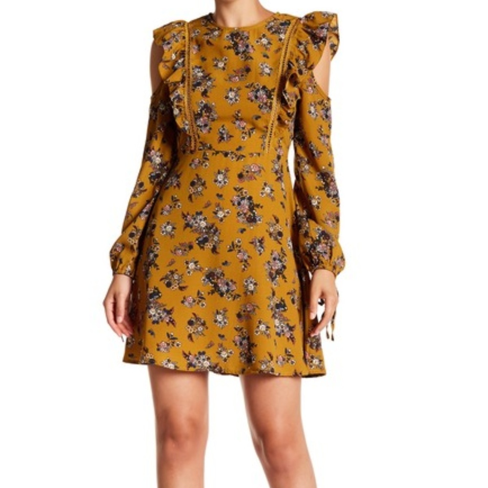 Moon River Floral Ruffle Trim Shoulder Long Dress